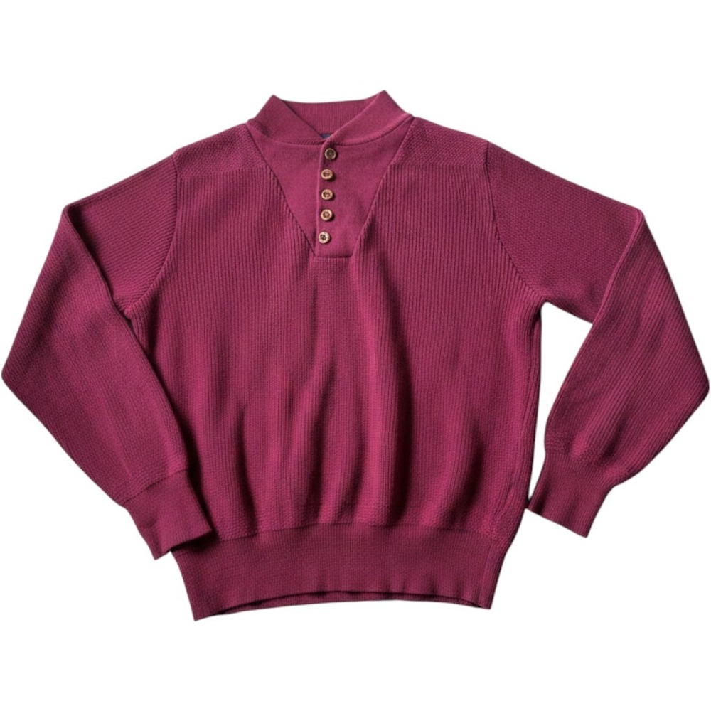 Lands End Mens Sweater L Burgundy Cotton Ribbed Button Henley Made in USA